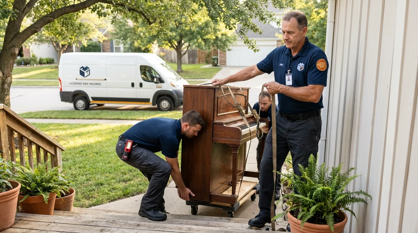 Licensed piano movers securing grand piano in Pine, AZ