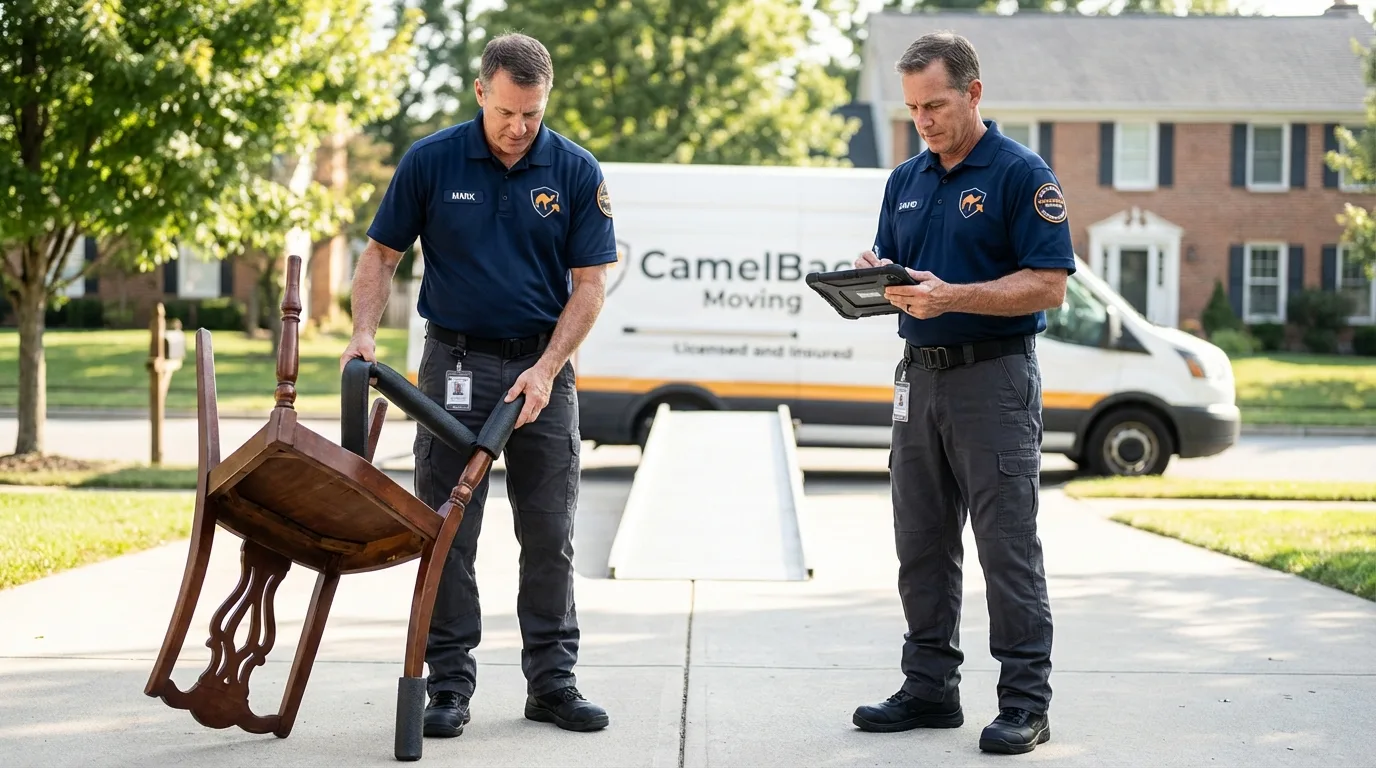 Movers inspecting furniture for damage prevention before loading in Pine, AZ